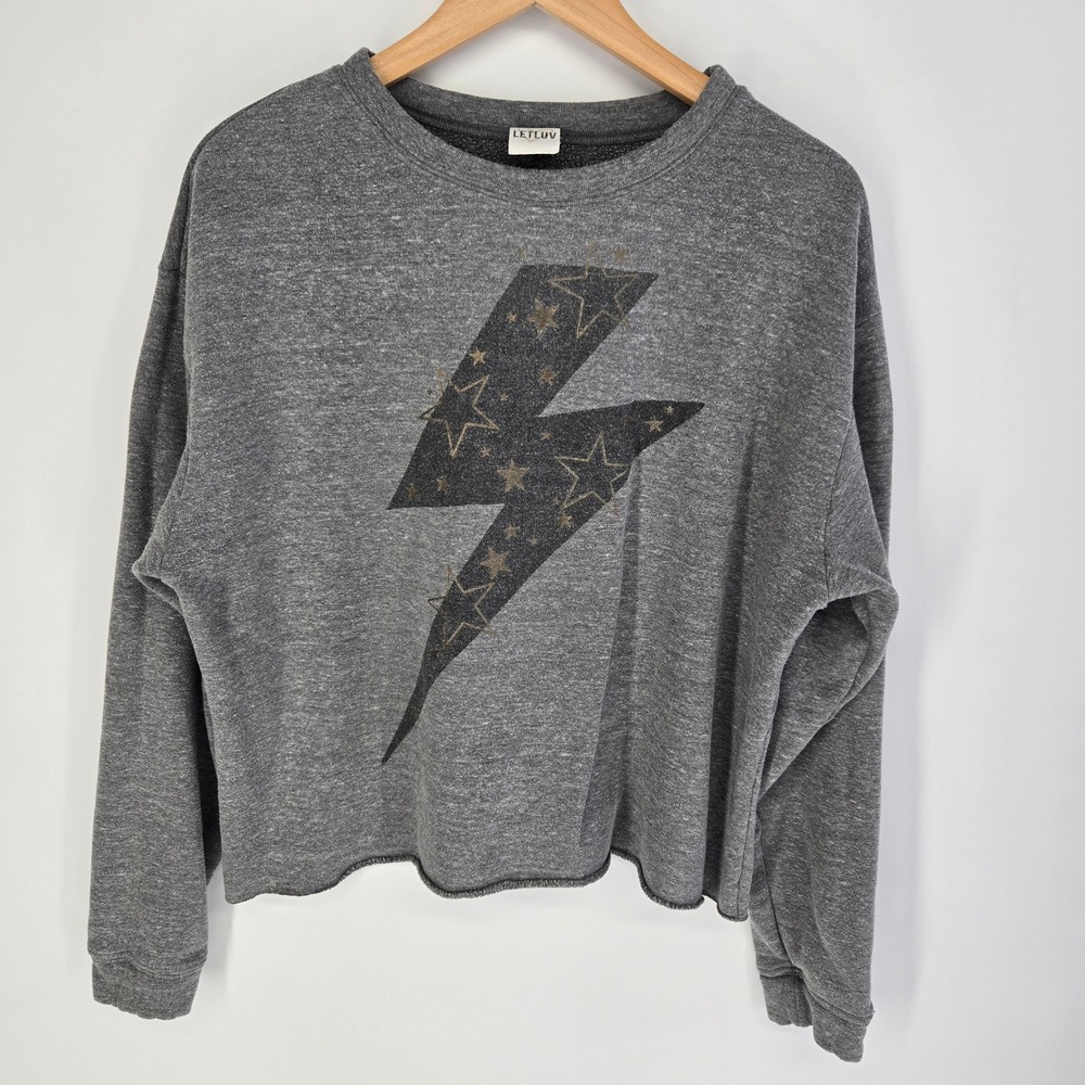LETLUV Anthropologie Sweatshirt  Large Gray Lightning Bolt Star Cropped Pullover